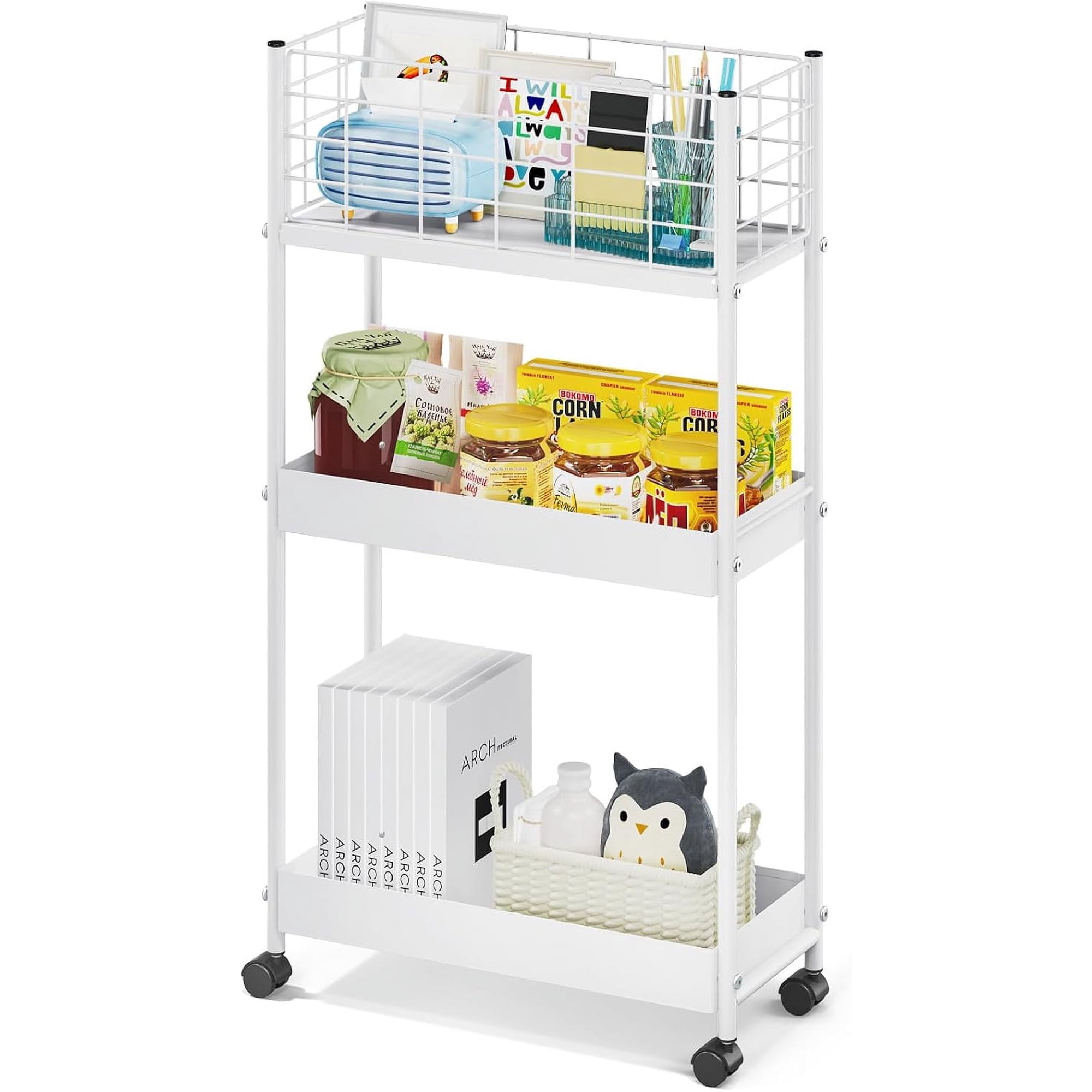 Slim Rolling Storage Cart 3 Tier - Heavy Duty Metal Utility Cart with Raised Edge & Wheels Narrow Small Mobile Organizer Shelves for Bathroom Kitchen Laundry Office Living Room White