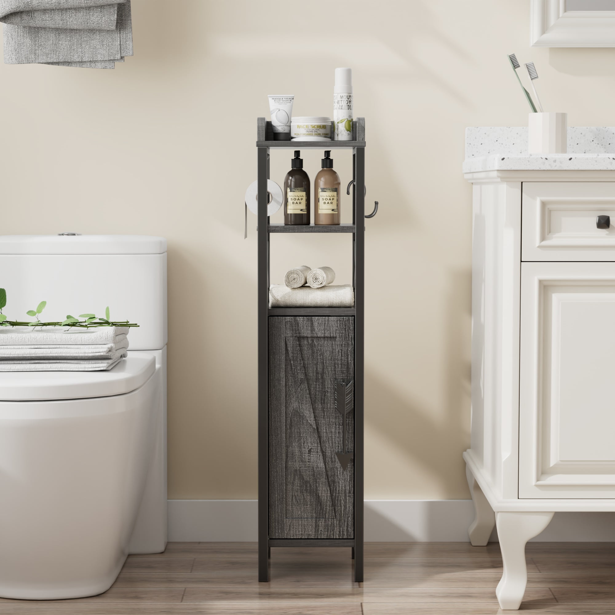 VECELO Bathroom Storage Cabinet with Toilet Paper Holder, 3-Tier Open Shelves Bathroom Organizer with for Small Spaces, Charcoal Grey