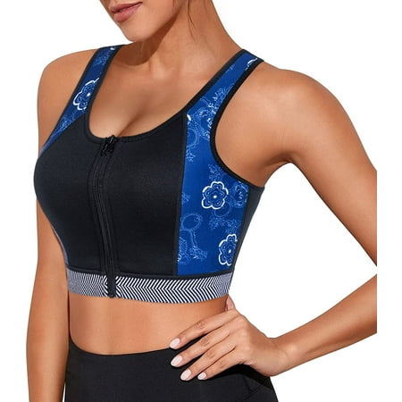 

Molutan High Impact Workout Sports Support Bra Full Cup Top Vest with Front-Zipper Wirefree for Women Fitness(Blue M）