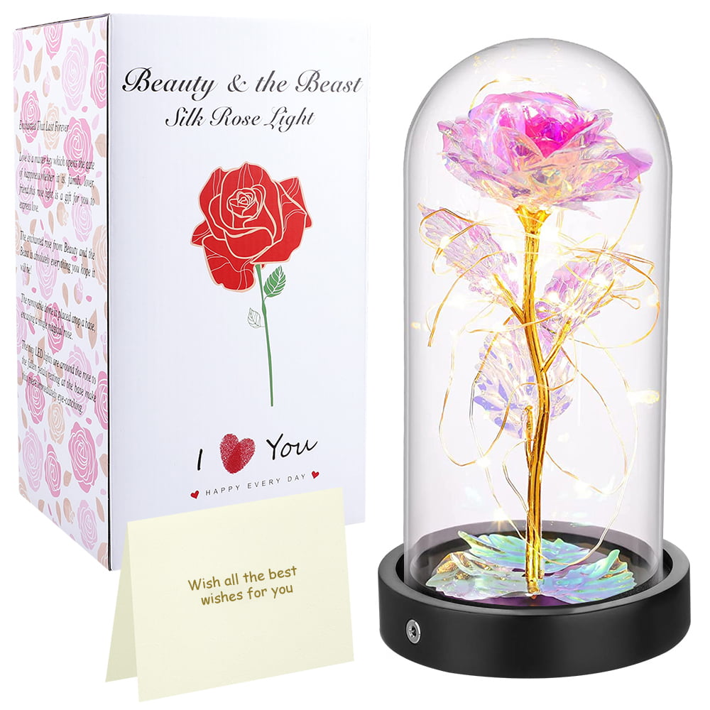 Rose USB Wooden Light LED Artificial Battery Night Powered Rosnek Glass Light Dome In Decorative Galaxy String Gift Forever Rose with Flower & On Base,