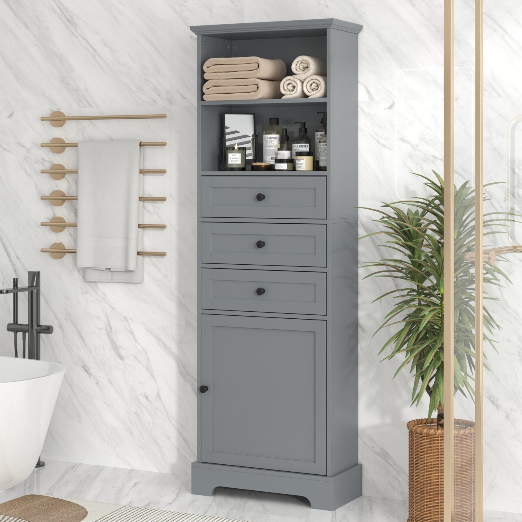 68.3" Tall Bathroom Storage Cabinet, Freestanding Storage Cabinet with 3 Drawers and Adjustable Shelves, Kitchen Pantry Linen Cabinet for Bathroom, Living Room, Dining Room, Office, Gray