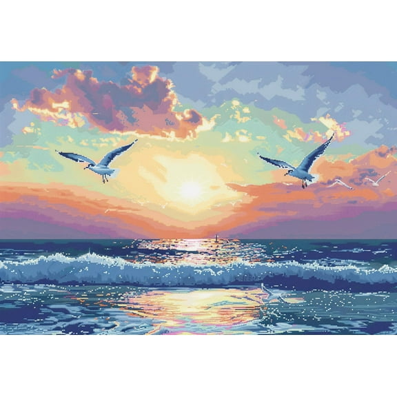 Beautiful Sunrise Over Sea Seagull DIY 11CT Stamped Cross Stitch Kits for Beginners Easy Needlepoint Embroidery Counted Cross Stitch Art Craft for Wall Decoration 12x16inch(1)