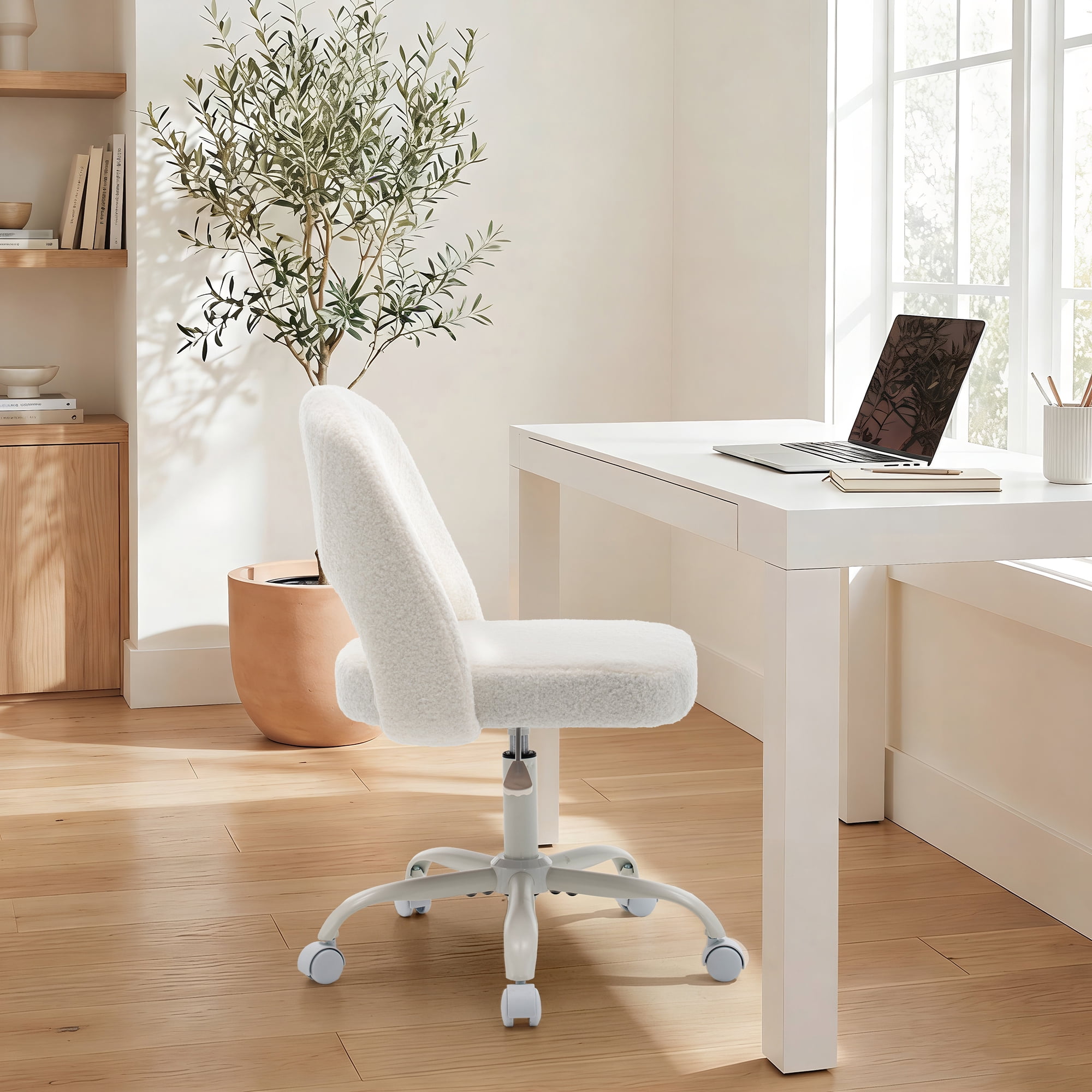 ENYLAY White Fluffy Teddy Fleece Vanity Chair, Height Adjustable 360° Swivel Rolling Desk Chair, Ergonomic Upholstered Makeup Chair, Modern Cute Accent Chair for Bedroom Home Office Vanity Room