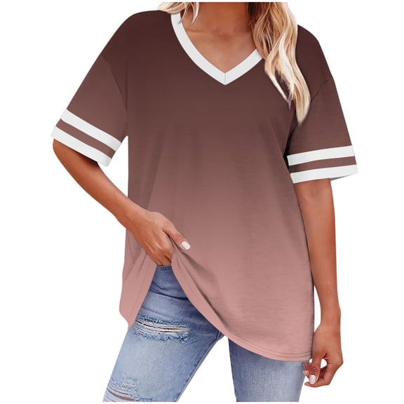 DeHolifer Womens T-Shirts Plus Size Loose Short Sleeve Tees V-Neck Color Block Summer Tops Brown 3XL