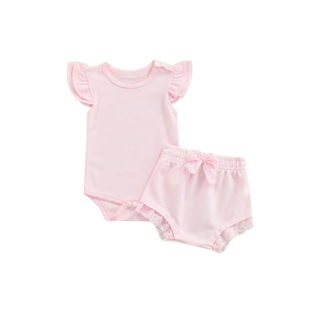 

TheFound Infant Baby Girls Summer Outfits Ruffle Fly Sleeve Romper Bodysuit Lace Shorts Bottoms 2Pcs Causal Clothes