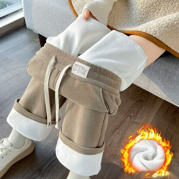tarylea Womens Pants Fleece Lined Straight Leg Trousers Solid Color Elastic Waist Pants with Pockets Casual Loose Winter Warm Pants