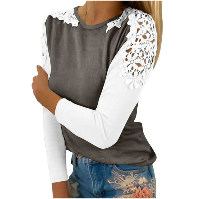 FcBaudy Hauts pour Femmes, Chemisiers et Chemises à Manches Longues à Col Rond, Chemises pour Femmes Femmes Décontracté Col Rond Dentelle Ajourée Chandail à Manches Longues Blouse T-shirt Hauts Femmes Blouse