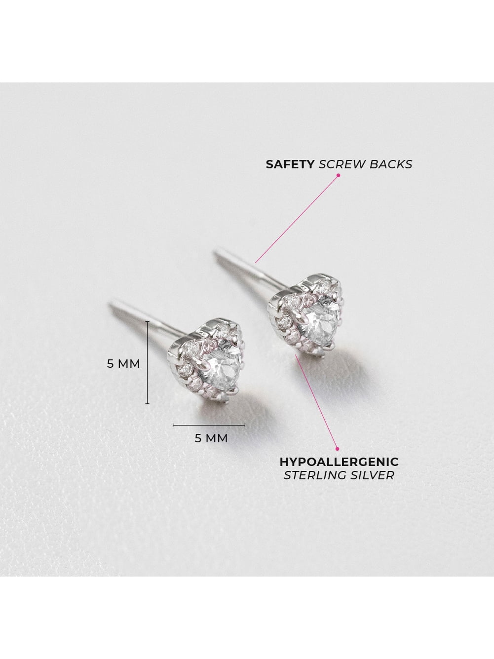 925 Sterling Silver 5mm Clear CZ Heart Girls Screw Back Earrings