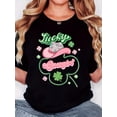 thumbnail image 1 of Camiseta De Mujer Verano Activewear Camiseta Básica Para Senderismo Deportes VacacionesWomen's St. Patrick's Day "Lucky Cowgirl" Graphic T-Shirt - Black Retro Minimalist Design with Pink Hat, Green, 1 of 6