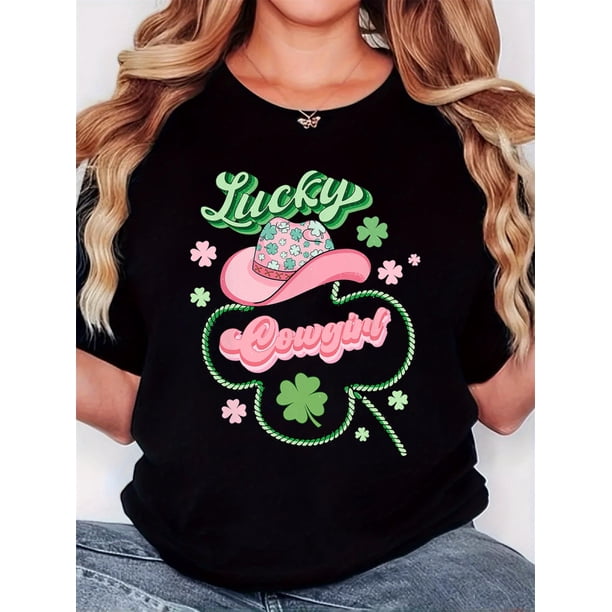 Camiseta De Mujer Verano Activewear Camiseta Básica Para Senderismo Deportes VacacionesWomen's St. Patrick's Day "Lucky Cowgirl" Graphic T-Shirt - Black Retro Minimalist Design with Pink Hat, Green