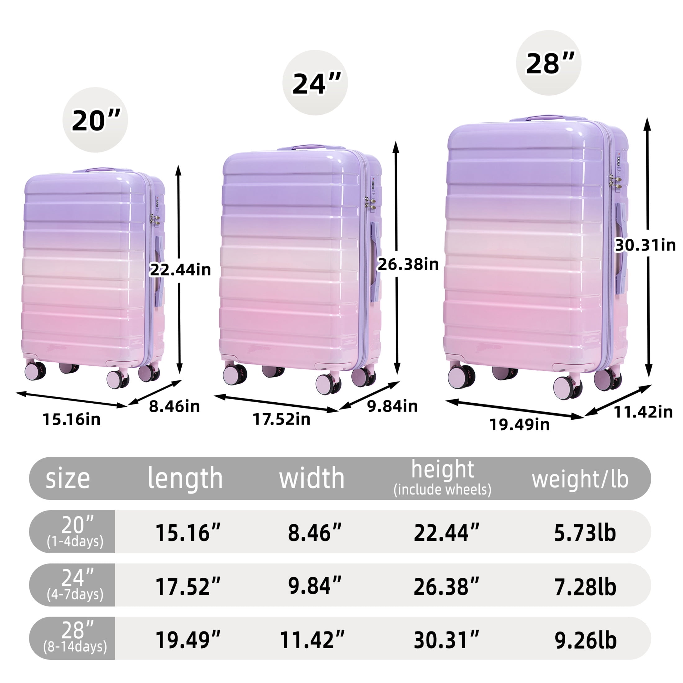 Noble House Vance 20"/24"/28" Hardshell Luggage Set with Combination Lock, Gradient Pattern, Pink & Purple, Set of 3