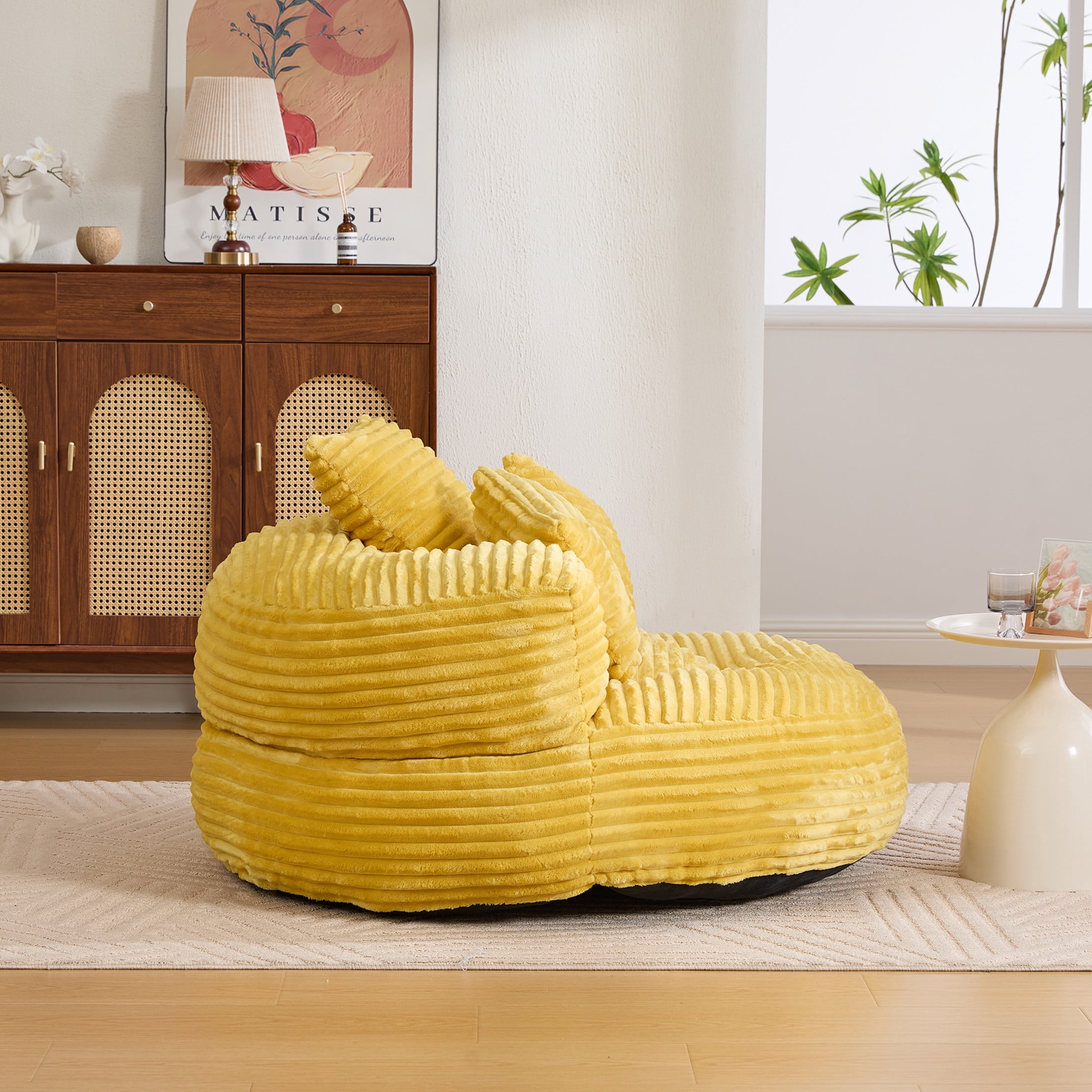 Noble House Corduroy Bean Bag Chair with Memory Foam, Armrests and 3 Pillows, Mustard Yellow