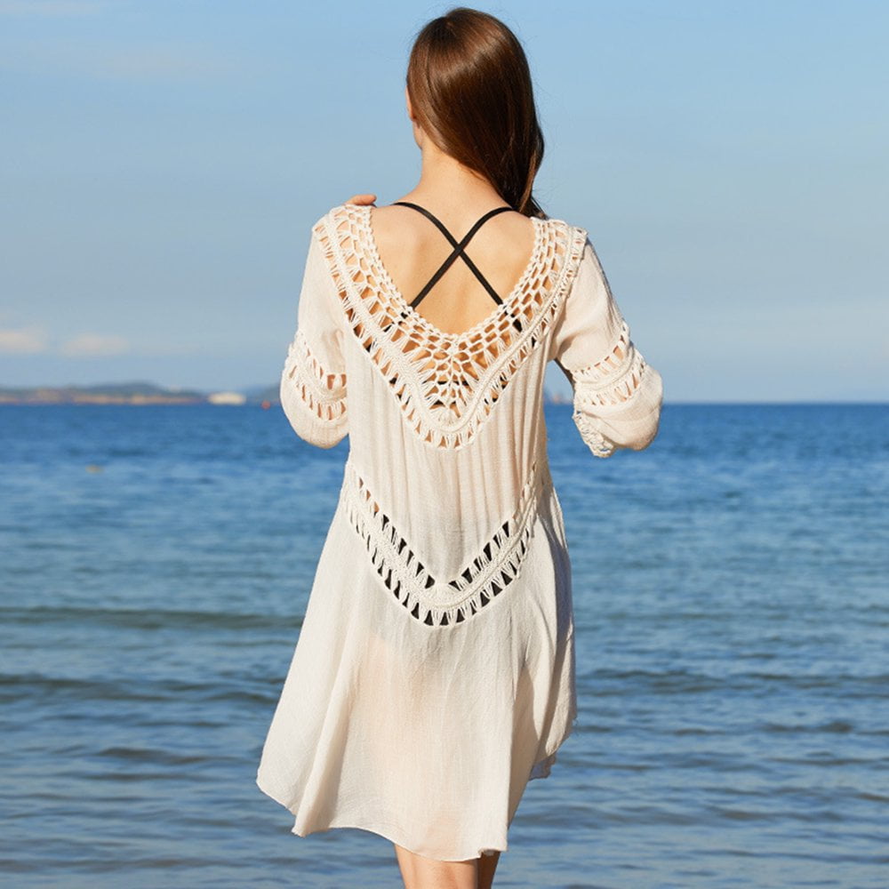 Col en V Manches 3/4 Ourlet Fluide Transparent Robe Crème Solaire