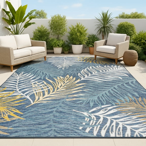 JONATHAN Y SAVANNAH 5 x 8 Area Rug, Calypso Coastal Palm Frond Machine-Washable Reversible - Cream/Navy, SVH108A-5