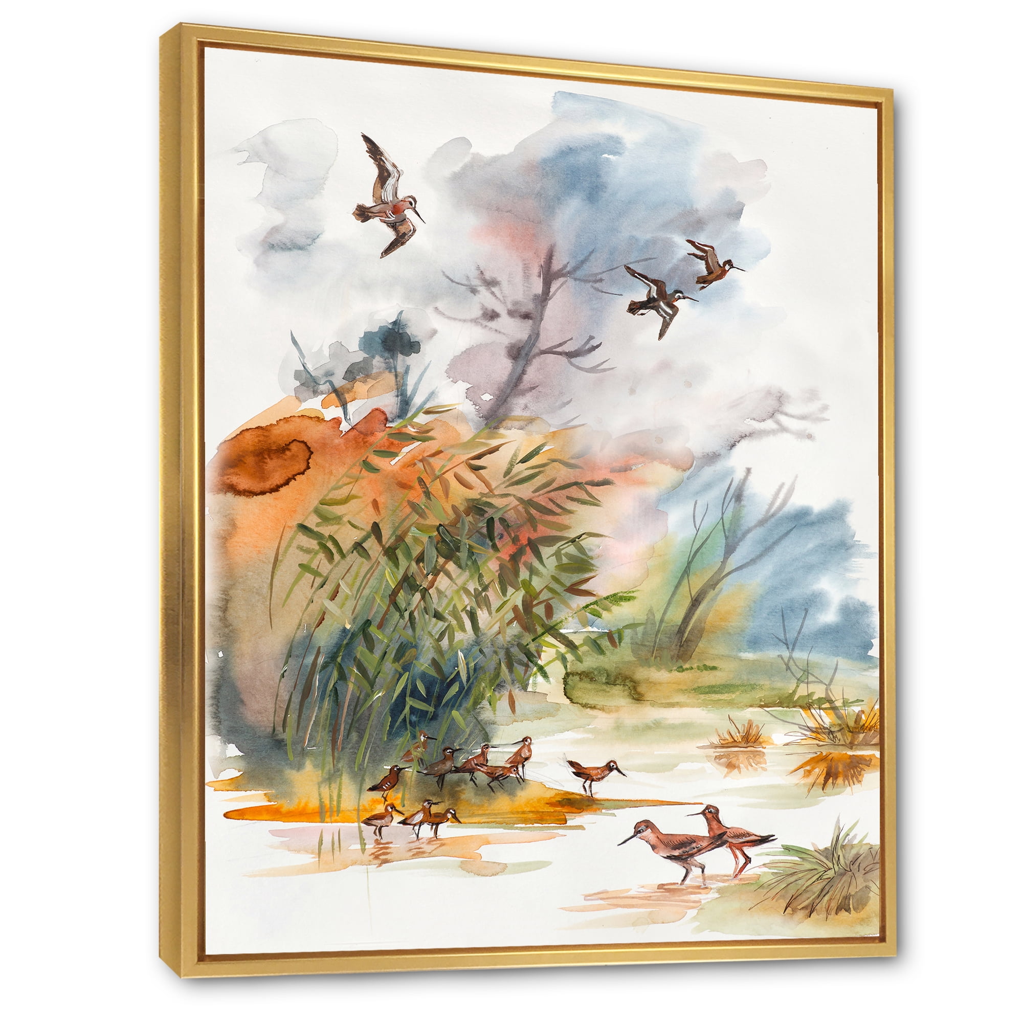 Designart 'Flying Over The Water With Autumn Landscape' Traditional Framed Canvas Wall Art Print
