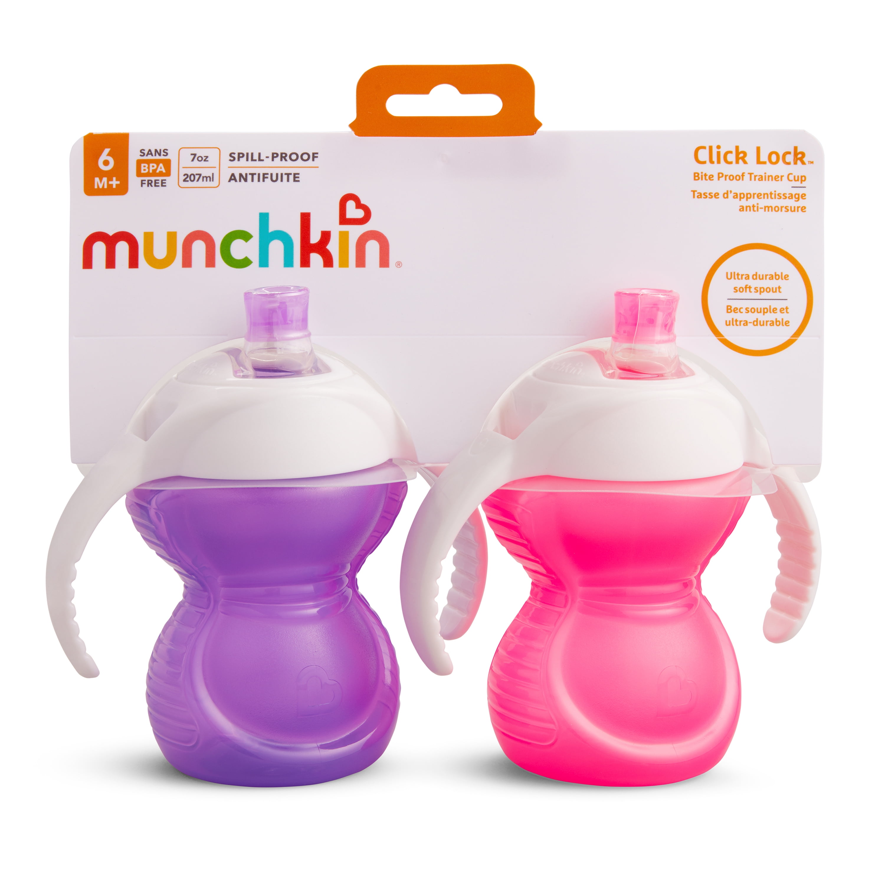Munchkin Click Lock Bite Proof Trainer Sippy Cup, 7 oz, Pink/Purple, Unisex, 2 Pack