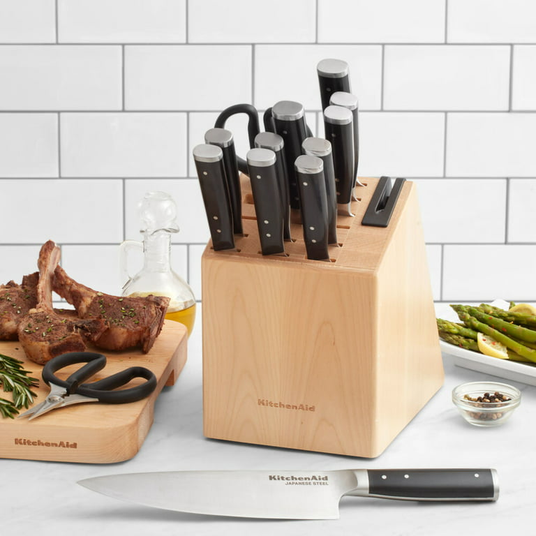 Kitchenaid Gourmet 14-piece Forged Tripe-Rivet Knife Block Set with Built-In Sharpener, Natural -