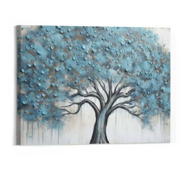 JRXY Tree Wall Art Teal Blue Nature Tree of Life Abstract Canvas Painting Textured Picture, Modern Large Panoramic Landscape Artwork Framed for Living Room Bedroom Bathroom Decor 20"x16" 20x16in