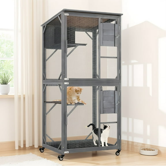 Demi Bonn 72" Outdoor Wood Cat House, 3 Floors Cat Enclosure Catio, Indoor Kitten Playpen with Resting Box, Cat Cage Waterproof Asphalt Roof, Gray