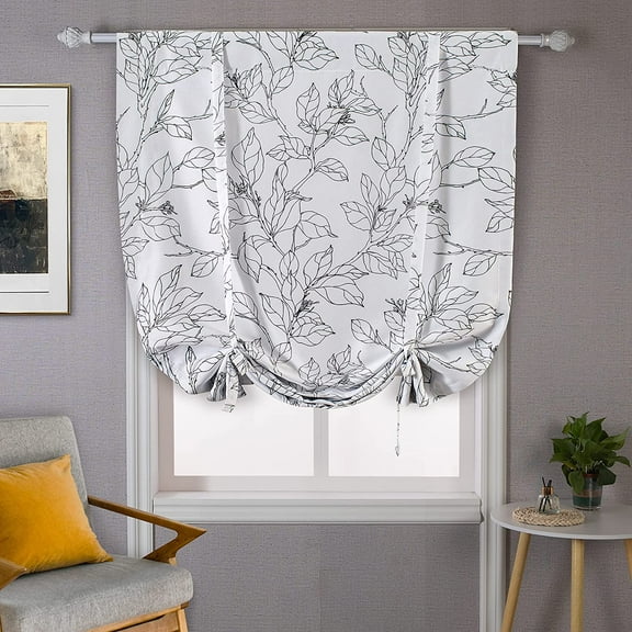 DriftAway Ryan Sketch Floral Branch Leaves Blackout Lined Tie Up Adjustable Balloon Rod Pocket Curtain for Small Window 39" x 55", Black Line