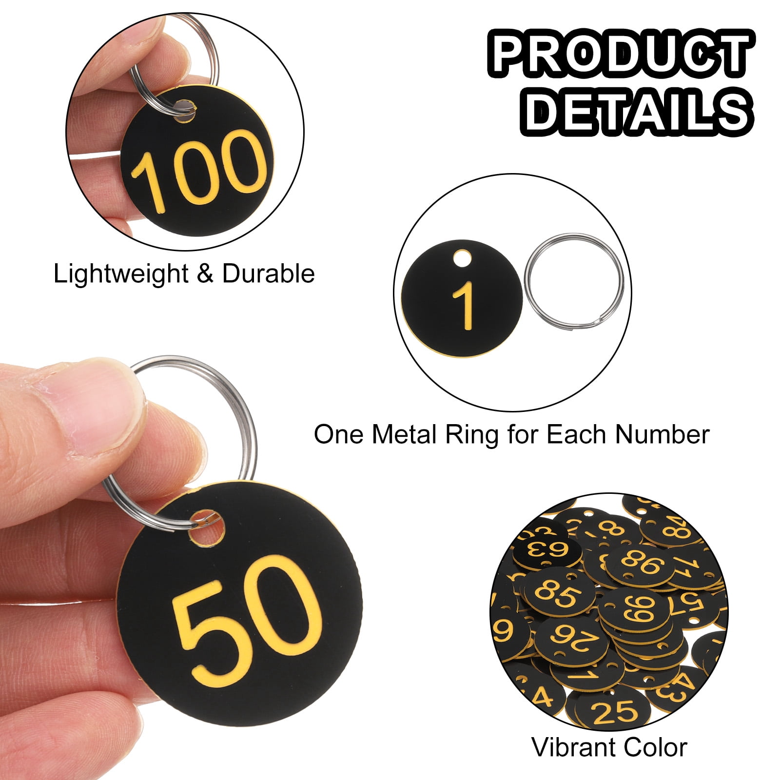 Uxcell Numbers Key Tags, 1-100 Plastic ID Hang Tag with Metal Ring Numbered Tags for Dormitory Key Chain Box Cabinet Lockers(Black & Yellow)