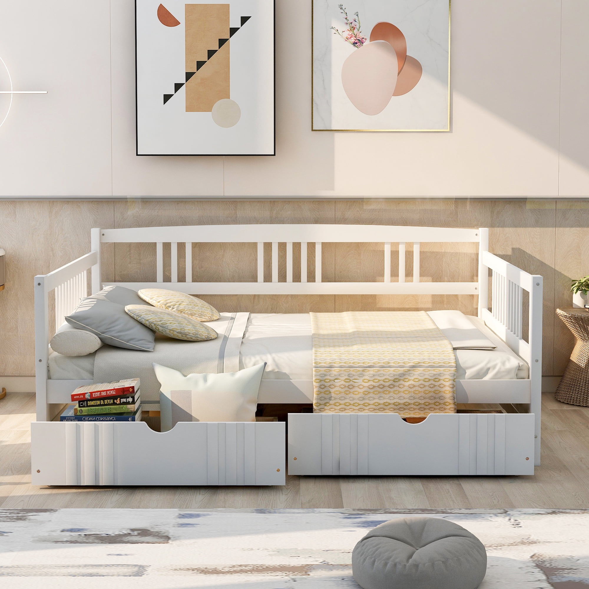 Gewnee Full Size Wood Daybed with Two Storage Drawers for Kid's Bedroom, White