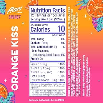 Alani Nu Energy Drink Orange Kiss Flavor 12 fl oz Cans, 8 Pack Low Calorie Sugar Free Energy Beverage