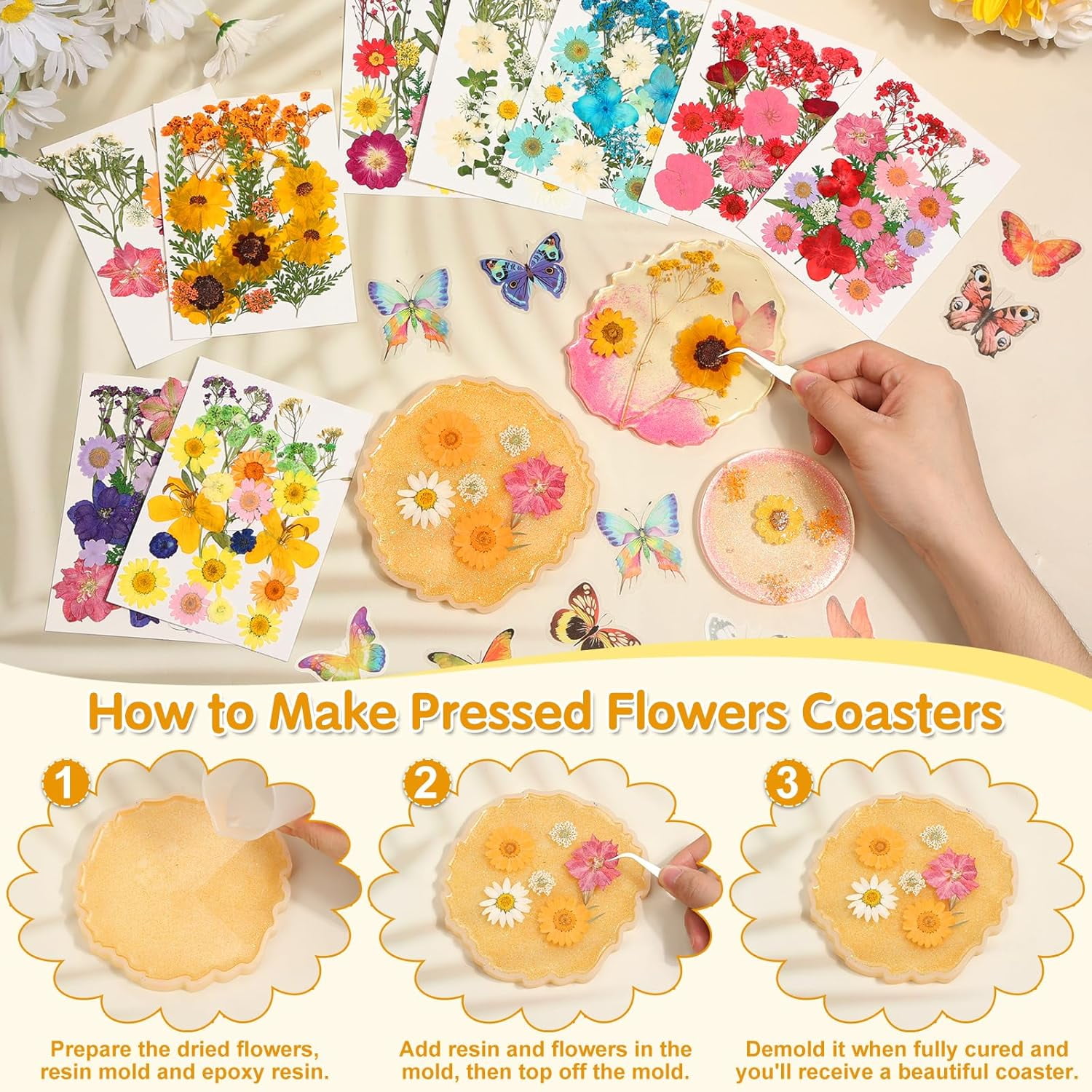235 Pcs Pressed Dried Flowers for Resin, Natural Real Dried Pressed Flowers for Crafts, Bulk Dry Flowers for Resin Molds, Candles, DIY Art Jewelry Making with Tweezers Butterfly Stickers Set Decorate