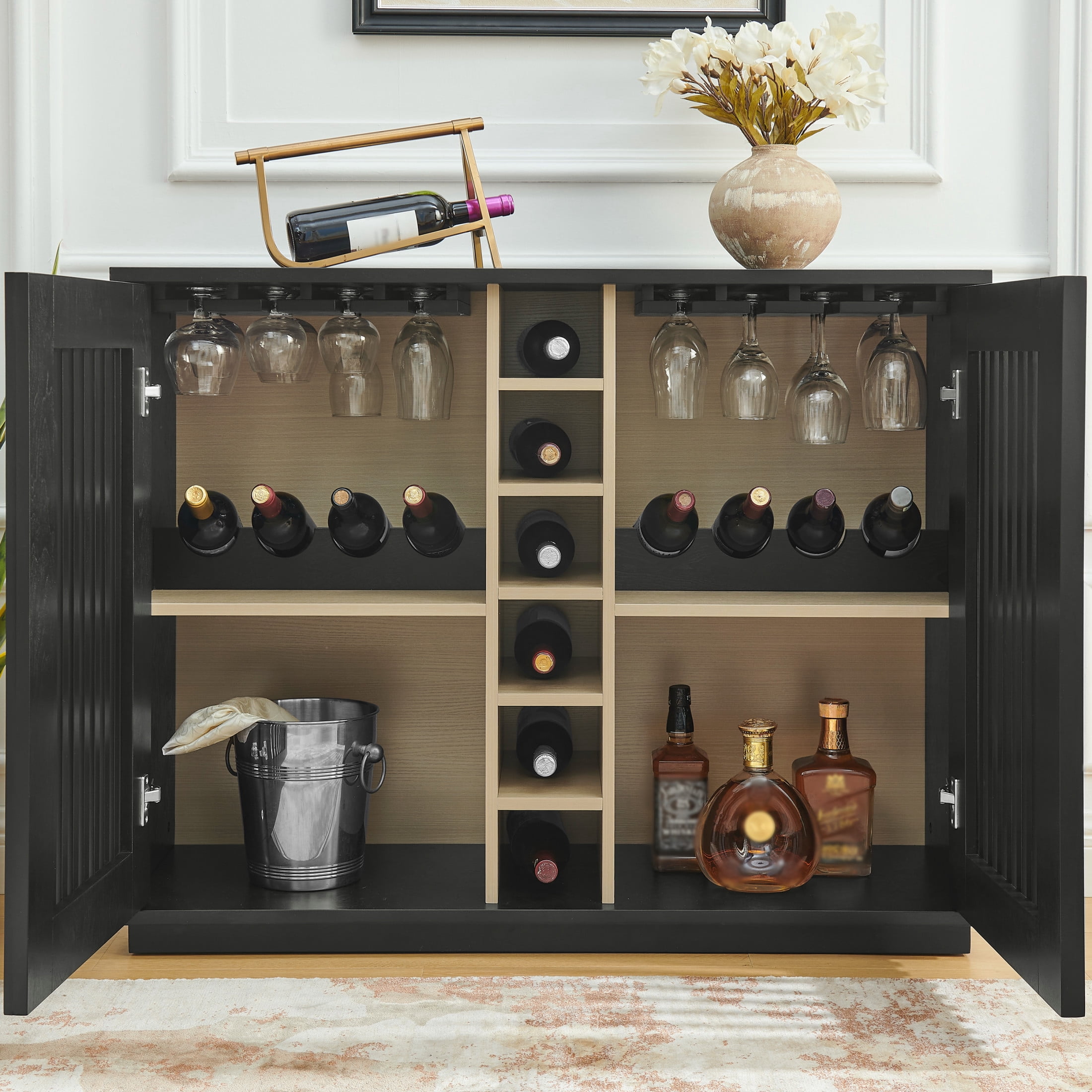 GDF Studio 43.1" Mid Century Modern Fluted Liquor Cabinet with Wine Rack & Glass Holder, Black