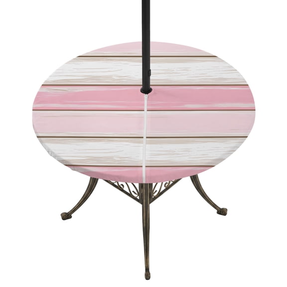 Round Outdoor Tablecloth with Umbrella Hole and Zipper, Wood Grain Pink Tablecloth with Elastic Waterproof, Modern Geometric Watercolor Striped Patio Table Covers for 36" - 44" Picnic Pool Tables