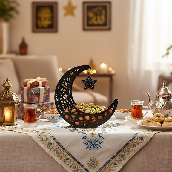 Metal Eid Moon Serving Tray Ramadan Crescent Snack Tray with Star Iron Eid Crescent Moon Dessert Holder Storage Food Plate for Living Room Kitchen Festival Party Supplies Black