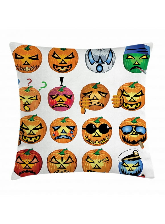 Halloween Decorations Throw Pillow Cushion Cover, Carved Pumpkin with Emoji Faces Halloween Humor Hipster Monsters Art, Decorative Square Accent Pillow Case, 16 X 16 Inches, Orange, by Ambesonne