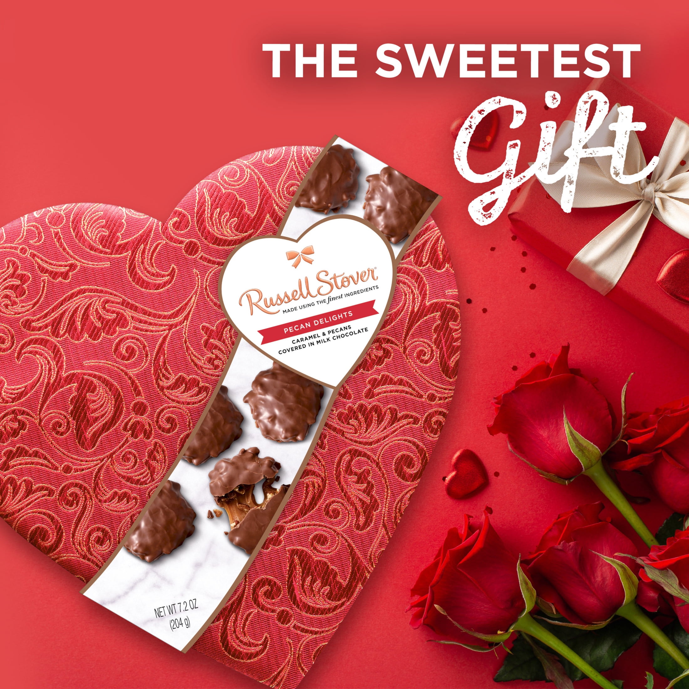 Russell Stover Valentine's Day Satin Heart Pecan Delights Milk Chocolate Candy Gift Box, 7.2 oz.