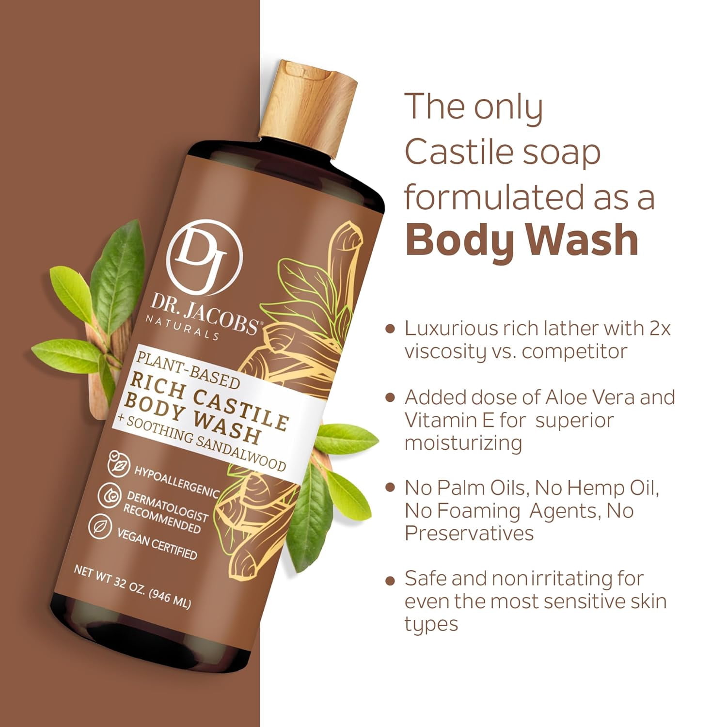 Dr Jacobs Naturals Castile Soap Body Wash Plant Based Liquid Soap, Sandalwood 32 Oz 3-Pack