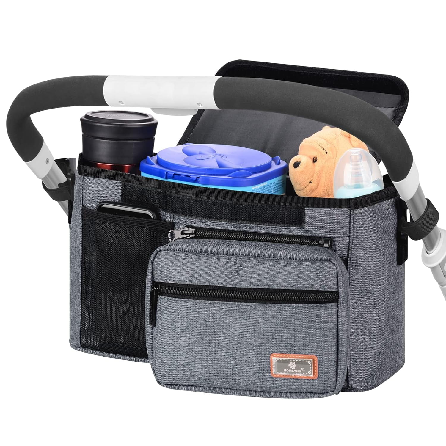 Homlynn Baby Stroller Organizer with Bottle Holders, Universal Stroller Accessories Caddy Storage Bag With Detachable Bag & Shoulder Straps for Carrying Diaper, Phone, Keys, Toys & Snacks(Grey)