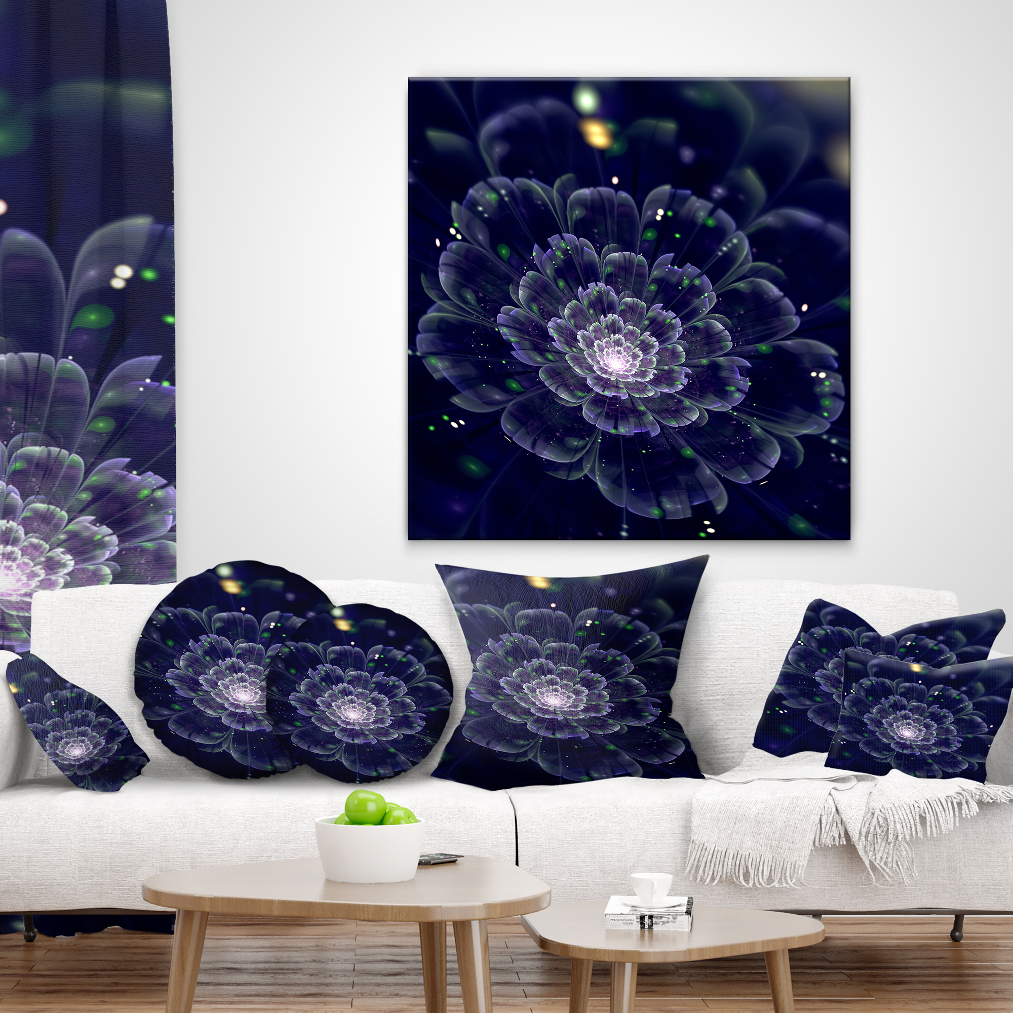 Designart Dark Blue Fractal Flower Digital Art - Floral Throw Pillow - 12x20