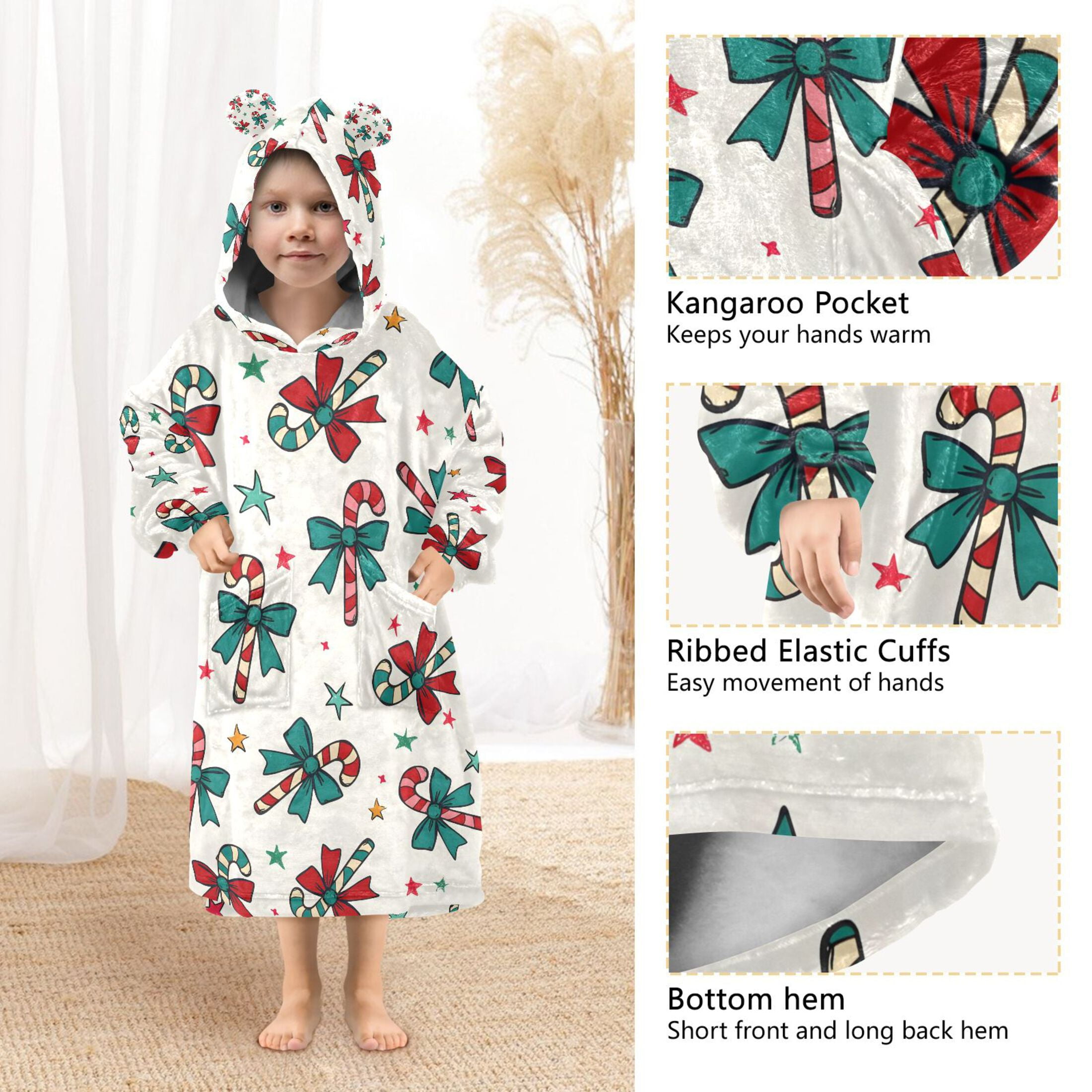 joogoo Blanket Hoodie for Christmas Candy Cane Bows Oversize Sweatshirt 3-14 YR L