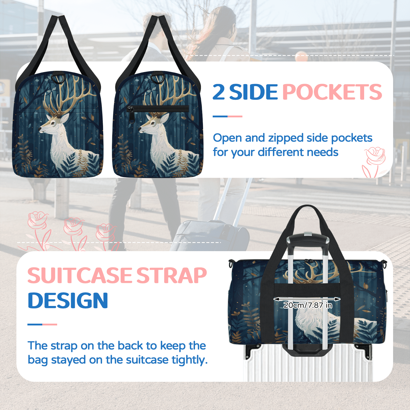 Herdesigns Forest Deer Gym Bag for Women, Duffle Bag for Travel Sport, Lightweight Waterproof Carry on Weekender Overnight Dance Yoga Workout Bags