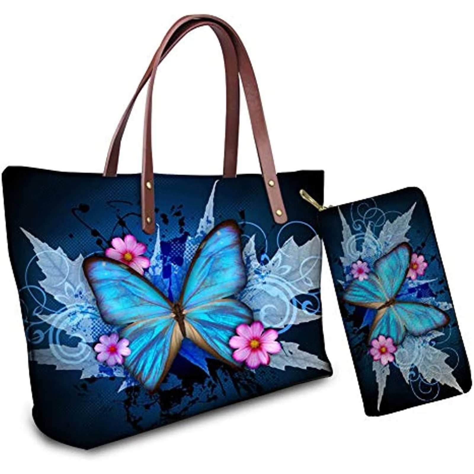 Pzuqiu Blue Butterfly Tote Purse and Wallet Set, Top Handle Bags for