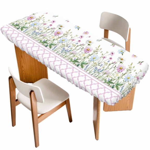 Spring Daisy Table Cloths for 8 Foot Rectangle Tables, Pink Moroccan White Wildflowers Country Plants Patio Waterproof Elastic Fitted Tablecloths, Washable Rectangular Table Cover for Camping