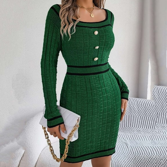 Wancir Womens Knit Sweater Dress with Pockets Square Neck Long Sleeve Dresses