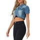 thumbnail image 4 of CHAQUETA DE JEAN CORTA DE DENIM LAVADO CON CUELLO CAÍDO Y MANGAS CORTAS PARA MUJER INSPIRADA EN CHIC, AZUL DENIM L, 4 of 6