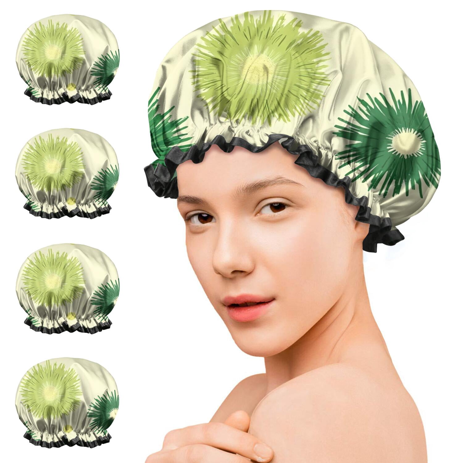 Shower Caps,Green Yellow Dandelion Pattern Waterproof Shower Cap for Women 4 Pieces,Double Reusable Hair Cover for Shower PEVA Elastic Stretch Hem
