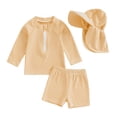 thumbnail image 3 of Rggeeun Child Boys Swimsuit Set 3Pc Cute Striped Pattern Long Sleeve Crew Neck Front Zipper Top & Elastic Waist Swim Trunks with Hat for Summer Beach Surf Casual Beachwear,Orange,12-18 Months, 3 of 8