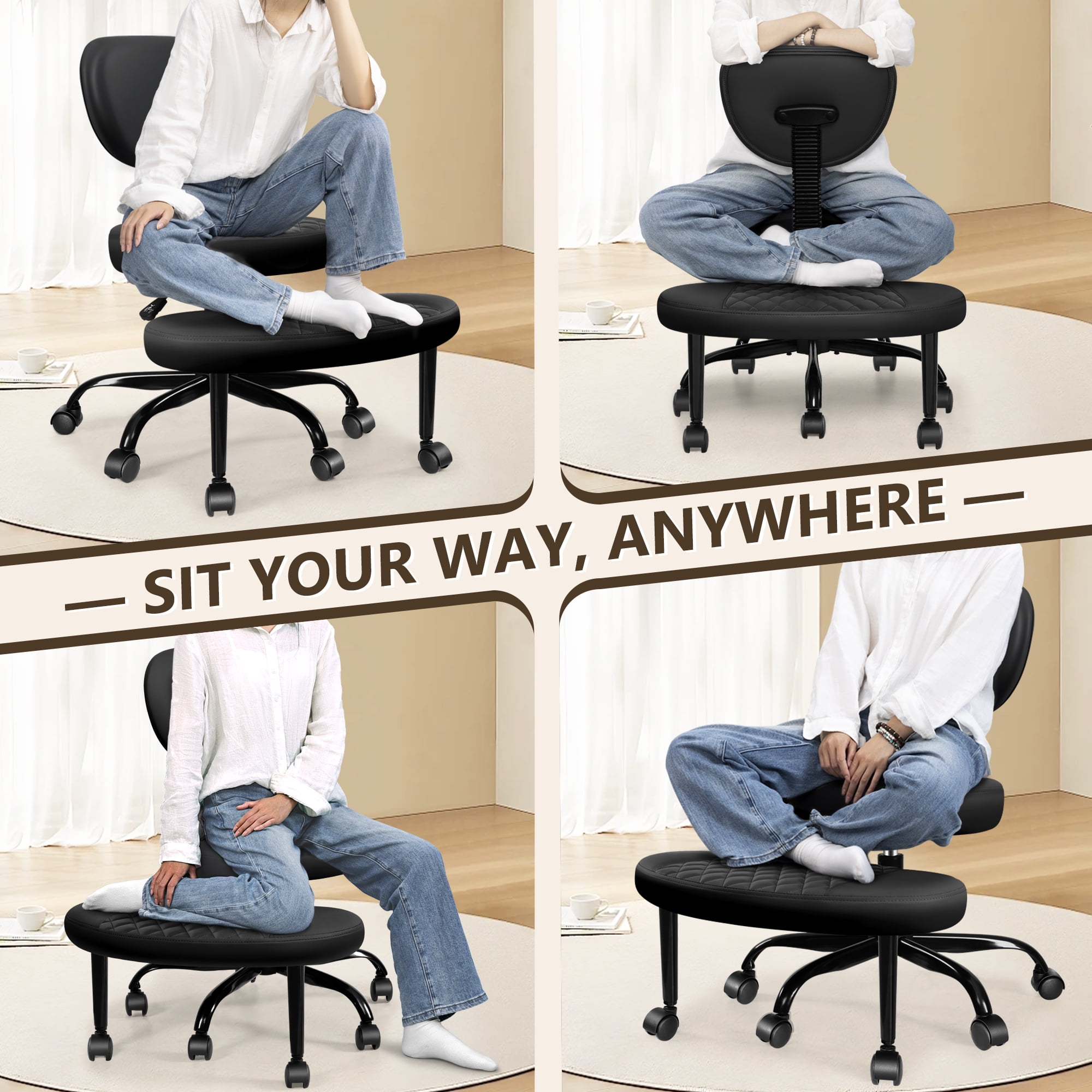 COOLHUT Cross Legged Office Chair, Meditation Chair with Lumbar Support, ADHD Desk Chair for Adults, Adjustable Height Yoga Office Chair, Kneeling Chair for Home Office, Black