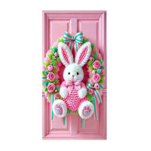 Cubierta de puerta de bienvenida de conejo, decoración de fondo de puerta de Feliz Pascua rosa, letrero de bienvenida para puerta de entrada de Pascua para recuerdos de fiesta de Feliz Pascua