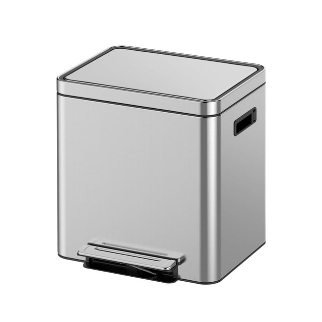 Stainless Steel Dual Compartment Step-on Trash Can (Silver), 2 x 15L (2 x 3.96Gal), 16.5L x 20.3W x 18.8H Inches, with Removable Inner Buckets for Kitchen Home