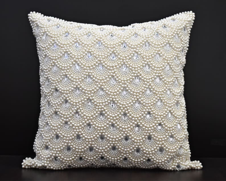 White Pearl Beaded Throw Pillow Cover Decorative accent designer