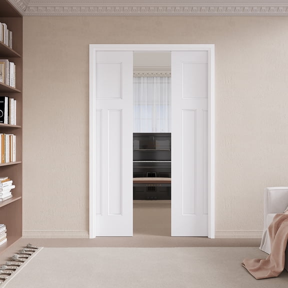 48" x 80" (Double 24") T Shape Pocket Doors with Soft Close, Molded Solid Core Door Panels & Pocket Doors Hardware & Frames, Bathroom Door, Bedroom Door, Pre-finished & Paintable, White