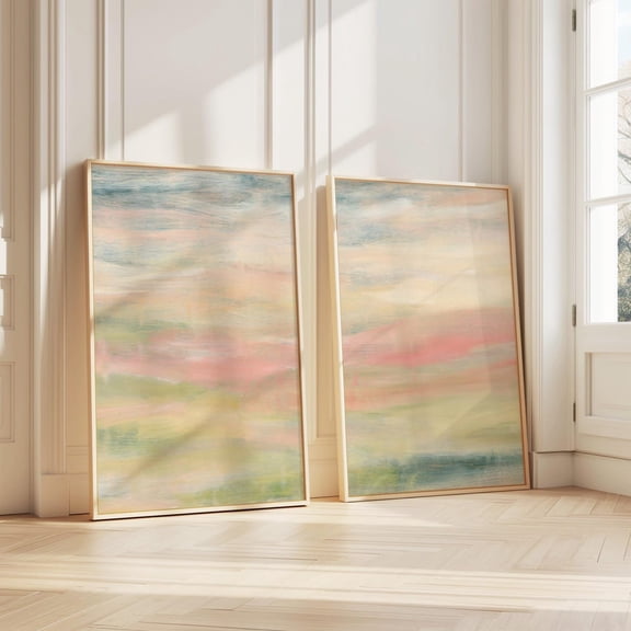 Abstract Landscape Pastel Art Blush and Green SunSky Calming Living Room Set 2 Unframed Paper Print 8x12